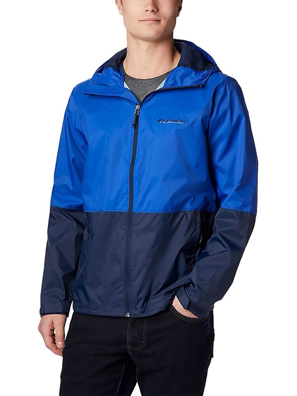 Columbia Roan Mountain Jacket Blue and Black Packable Hooded Windbreaker Size S